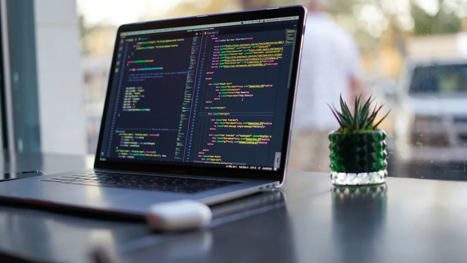 Laptop displaying HTML and website code beside a small plant.